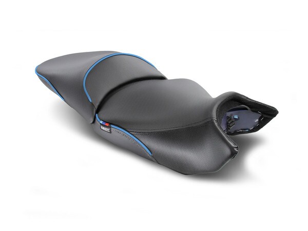 Sargent's World Sport Motorcycle Seat for the 2024+ BMW R 1300 GS, Performance Plus Regular Height 2-pc set with Blue accents.